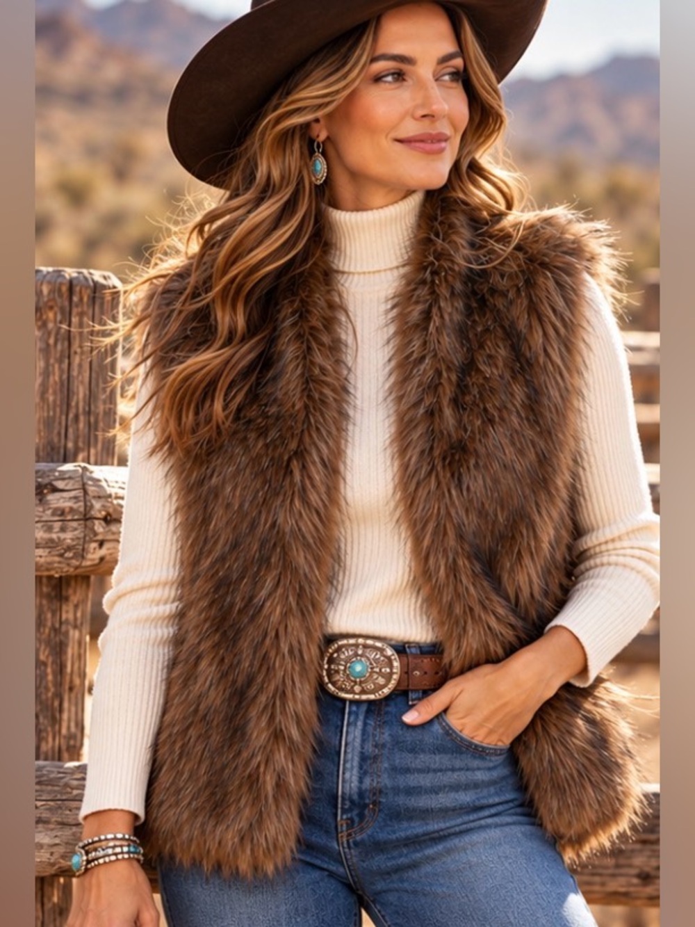 H&M Divided Faux Fur Brown Vest with Plush Texture Sz 6 Mobwife Glam Western